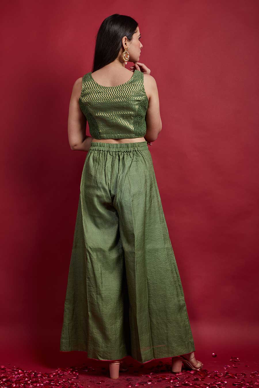 Olive Green Zari Crop Top & Palazzo Co-ord Set