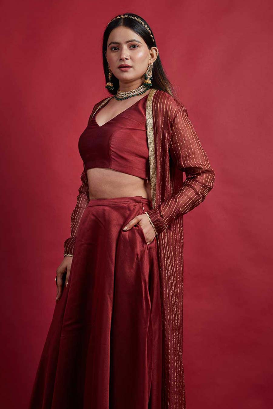 Maroon Lehenga & Top Set with Long Shrug Jacket