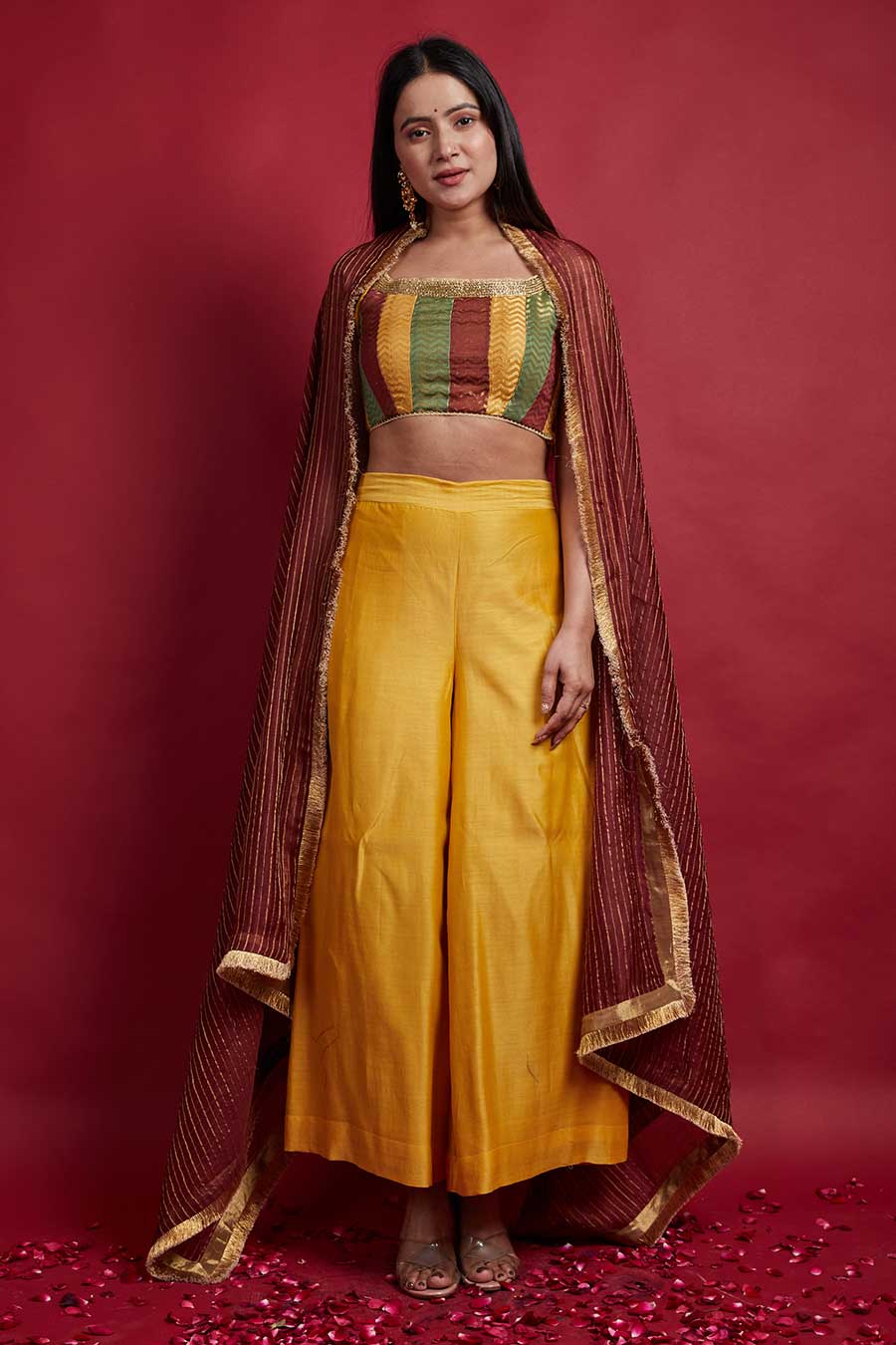 Multi-coloured Top with Flared Palazzo & Dupatta Co-ord Set