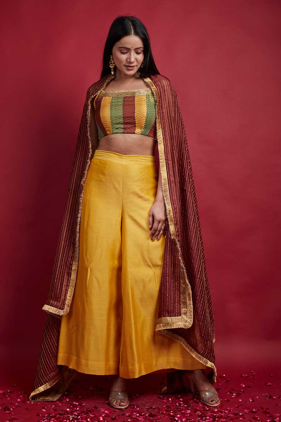 Multi-coloured Top with Flared Palazzo & Dupatta Co-ord Set