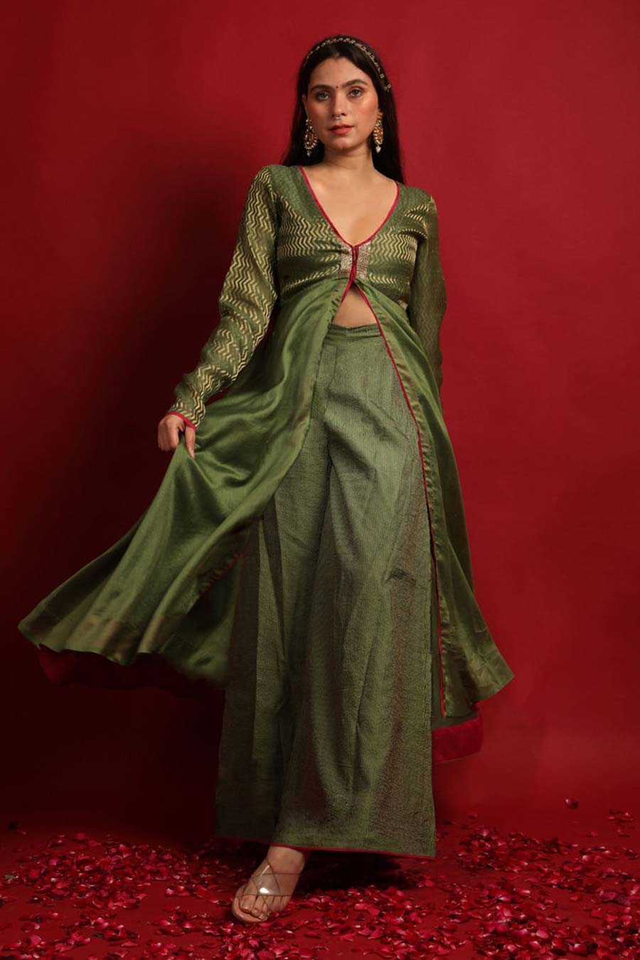 Olive Green Front Open Anarkali & Palazzo Set
