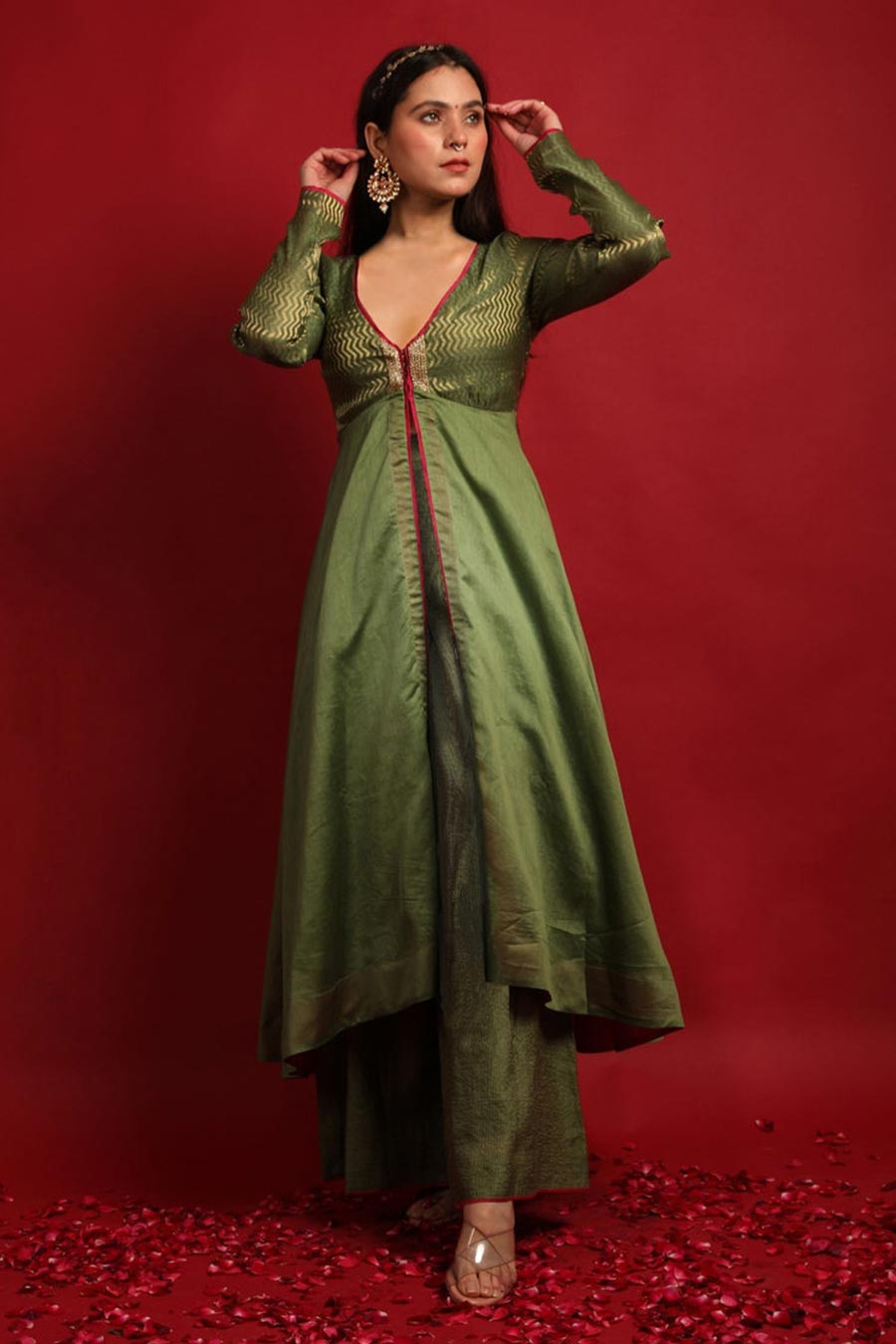 Olive Green Front Open Anarkali & Palazzo Set