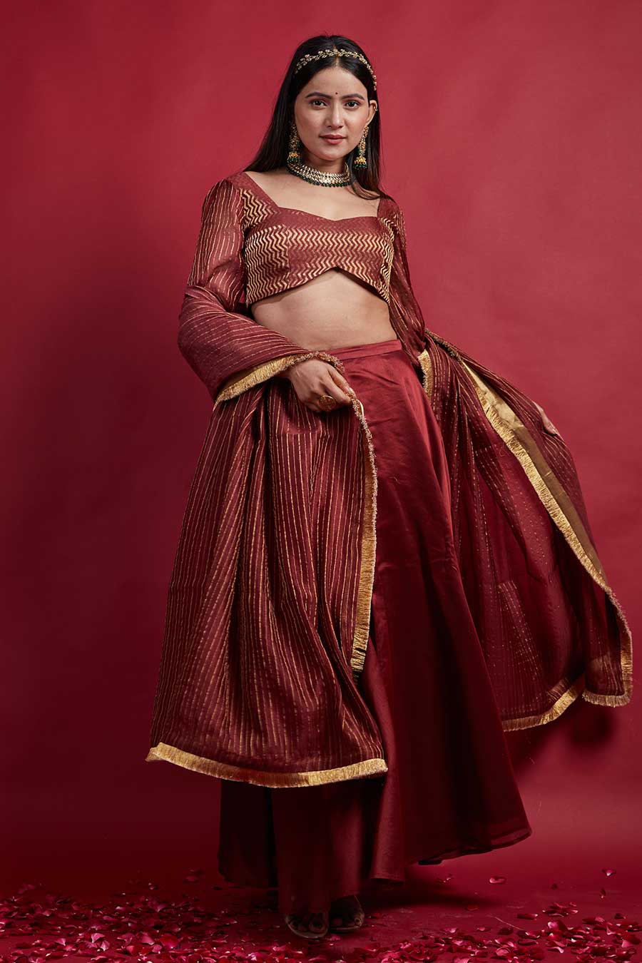 Maroon & Gold Chanderi Handloom Lehanga Set