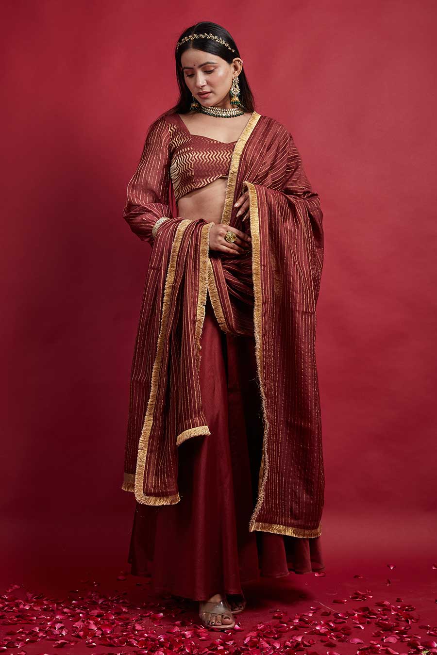 Maroon & Gold Chanderi Handloom Lehanga Set