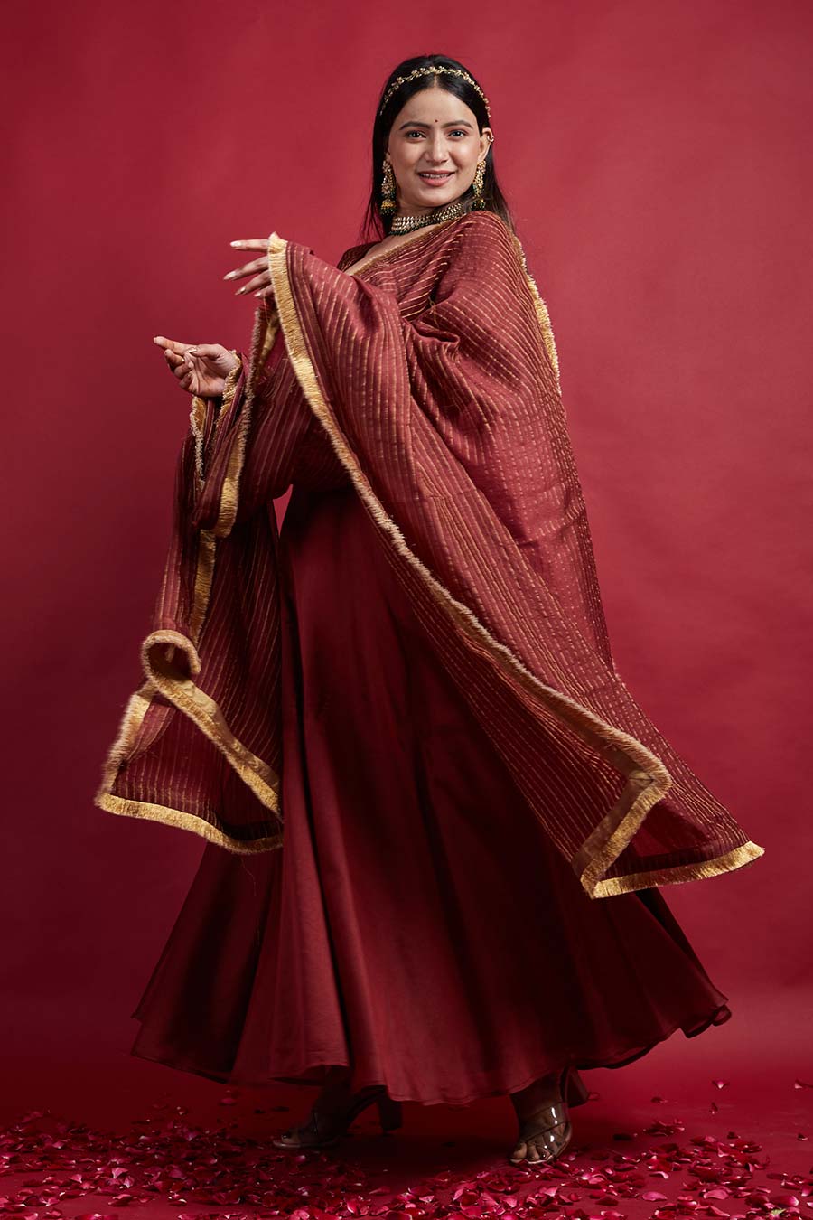 Maroon & Gold Chanderi Handloom Lehanga Set