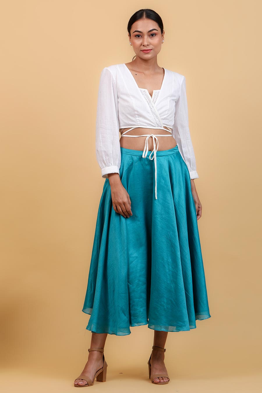 White Cotton Wrap Top With Aqua Blue Skirt Co-ord Set