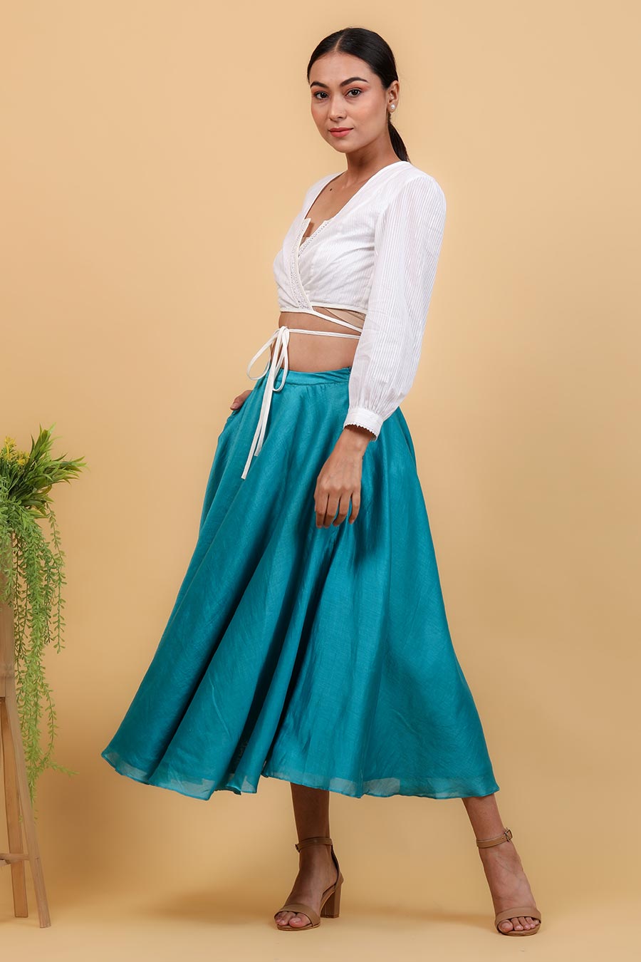 White Cotton Wrap Top With Aqua Blue Skirt Co-ord Set