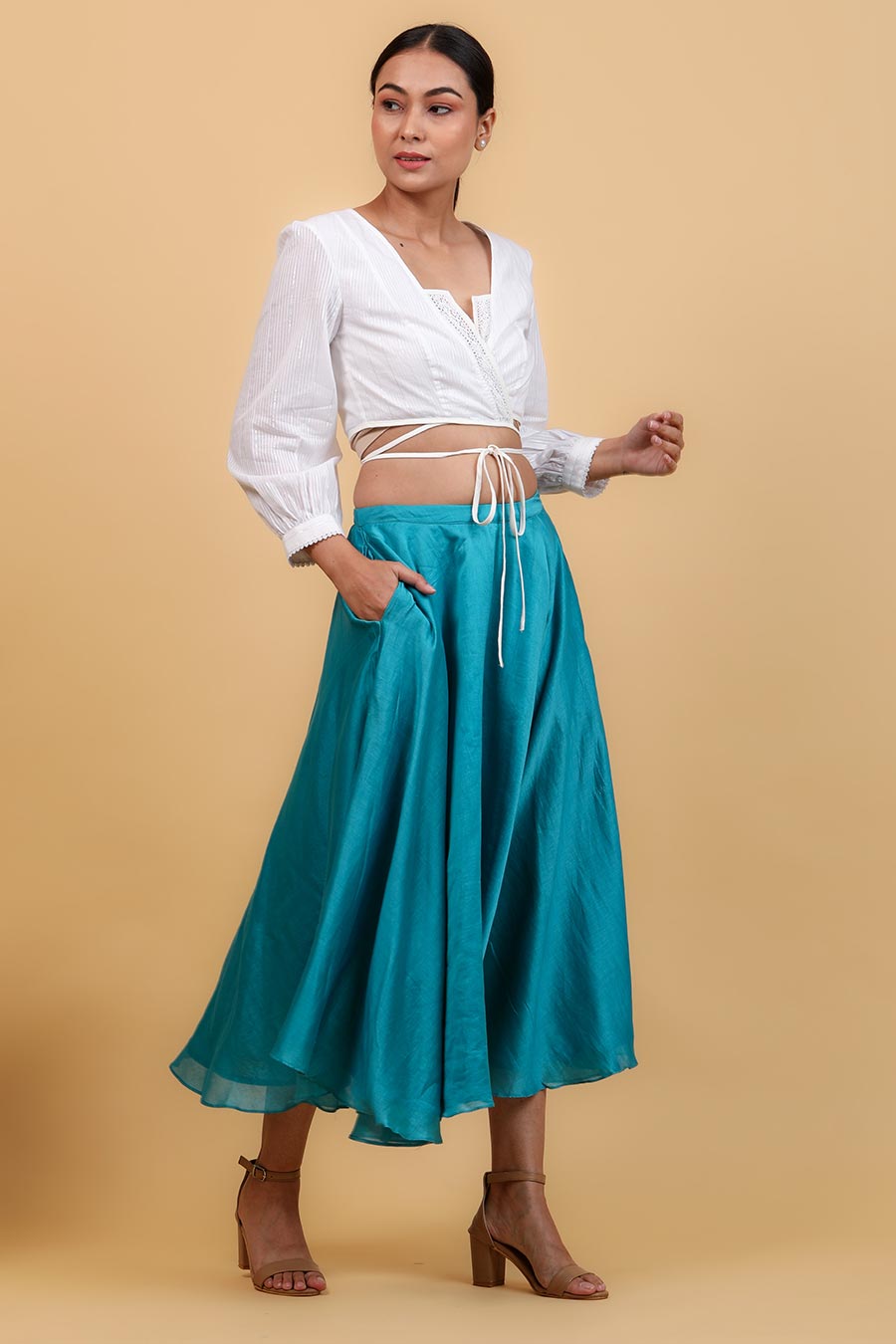 White Cotton Wrap Top With Aqua Blue Skirt Co-ord Set