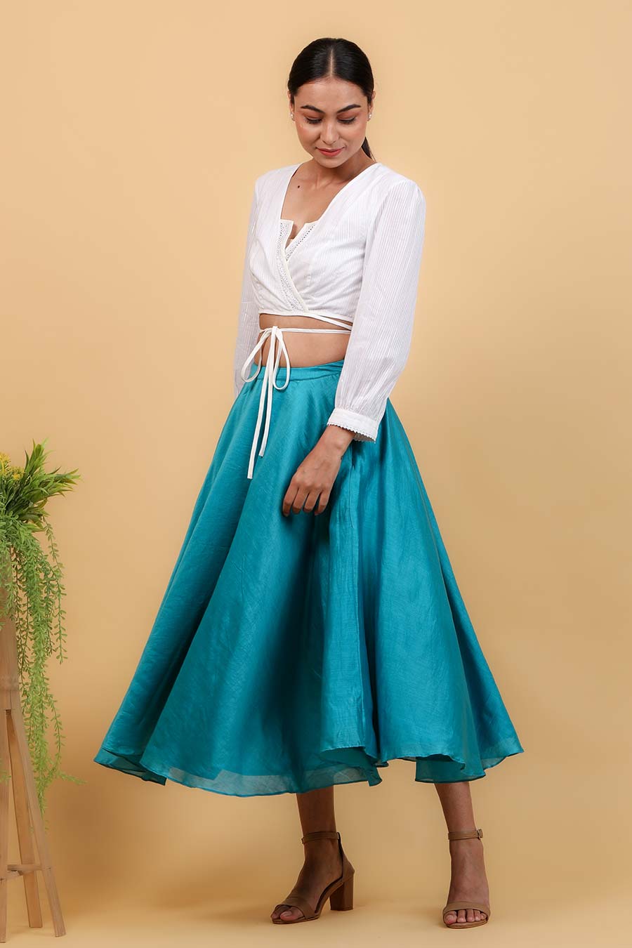 White Cotton Wrap Top With Aqua Blue Skirt Co-ord Set