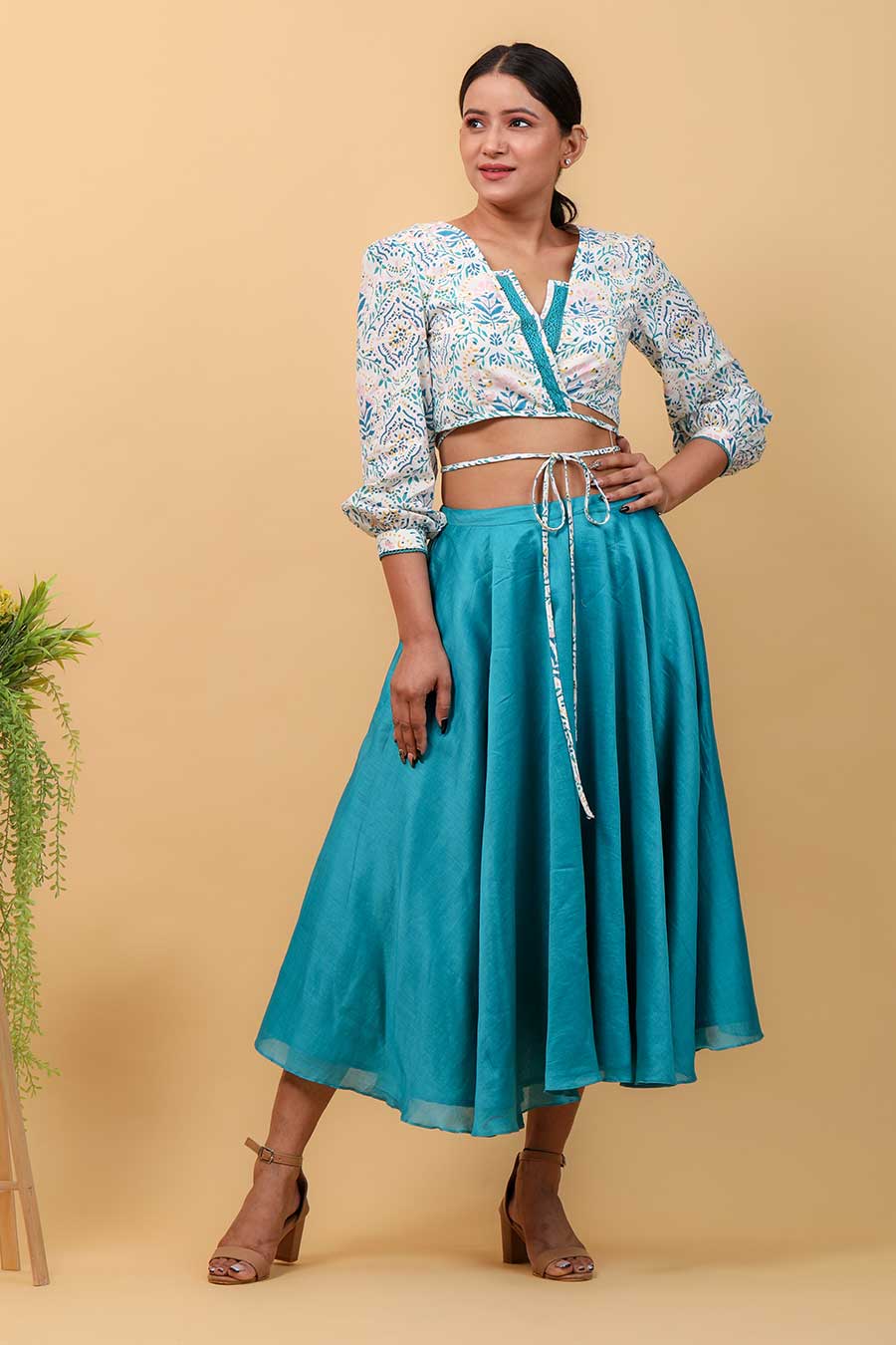 Hand Block Printed Wrap Top With Aqua Blue Skirt Co-ord Set