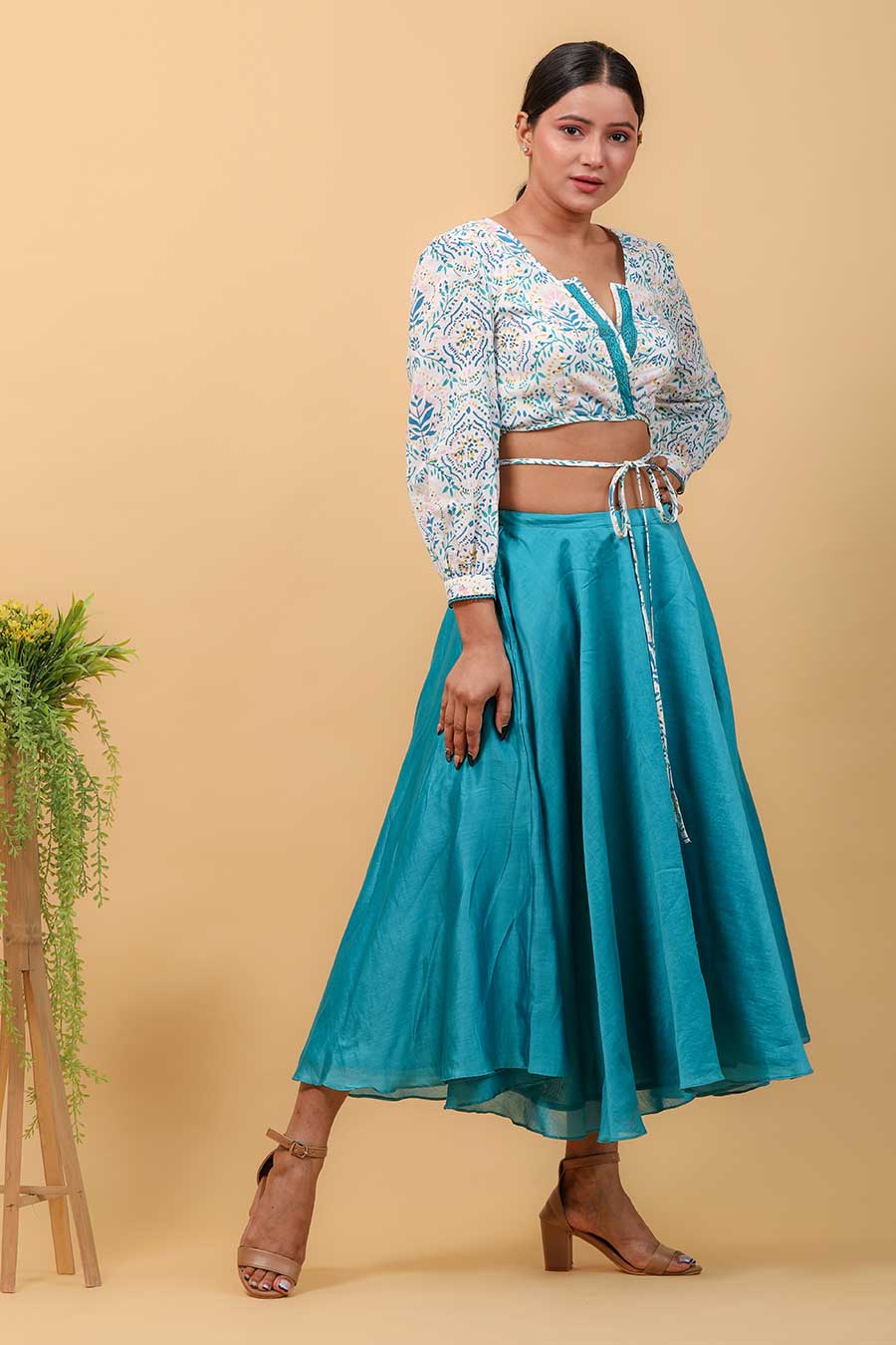 Hand Block Printed Wrap Top With Aqua Blue Skirt Co-ord Set