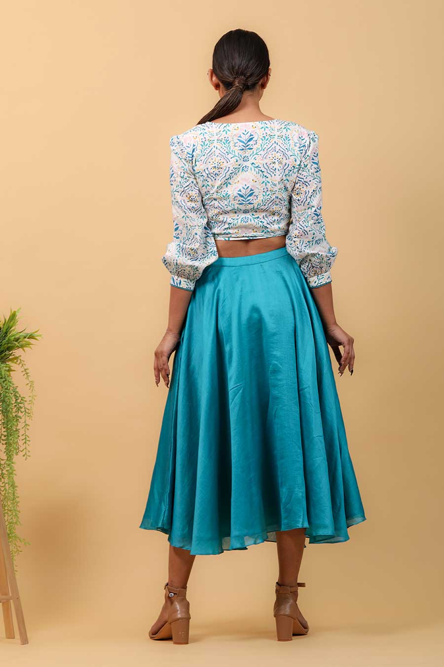 Hand Block Printed Wrap Top With Aqua Blue Skirt Co-ord Set