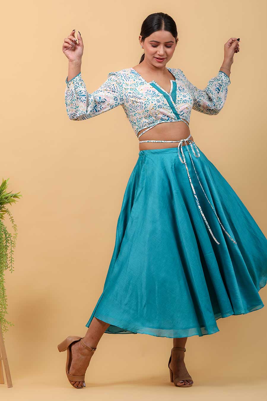 Hand Block Printed Wrap Top With Aqua Blue Skirt Co-ord Set