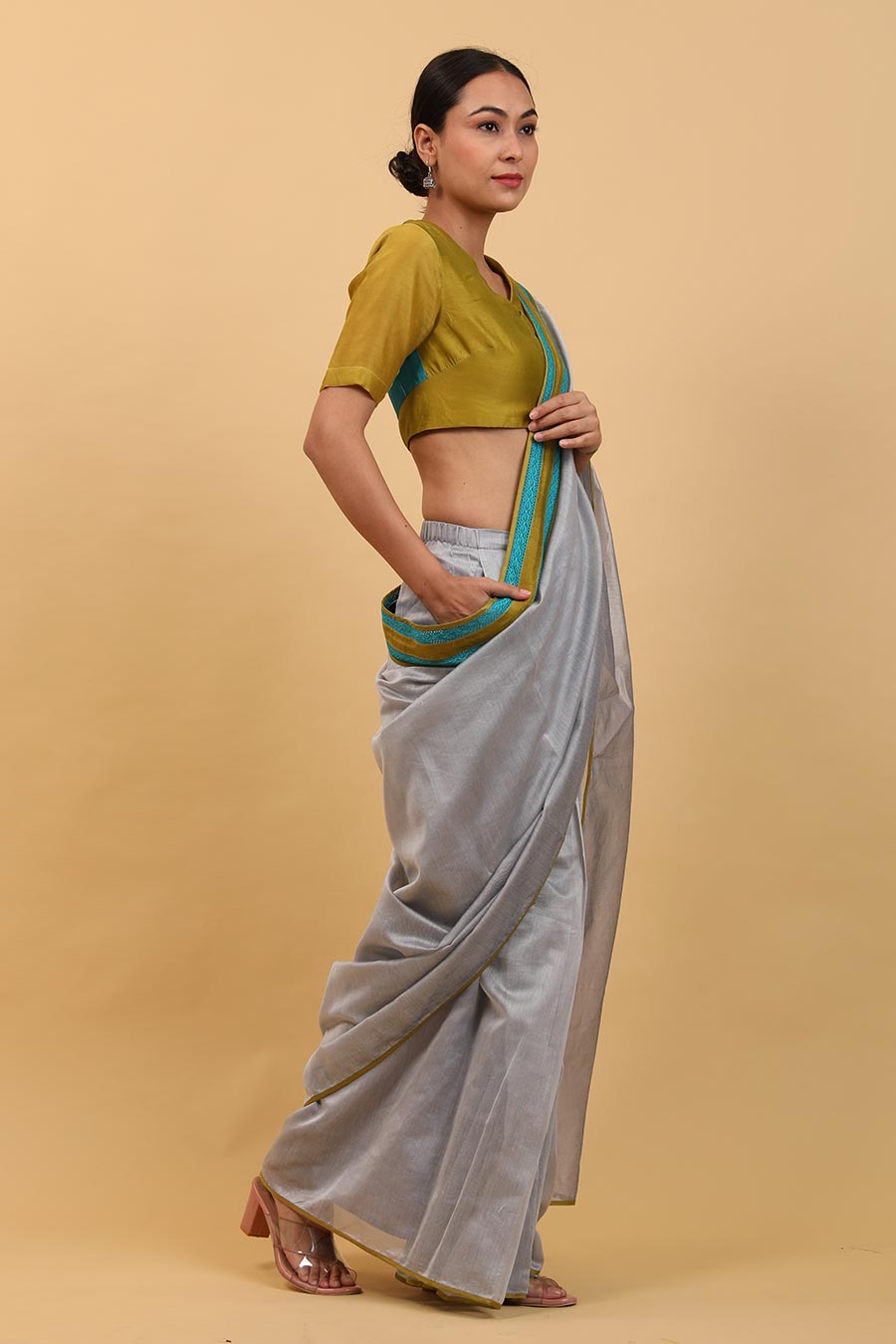 Grey Pre-stitched Saree Set