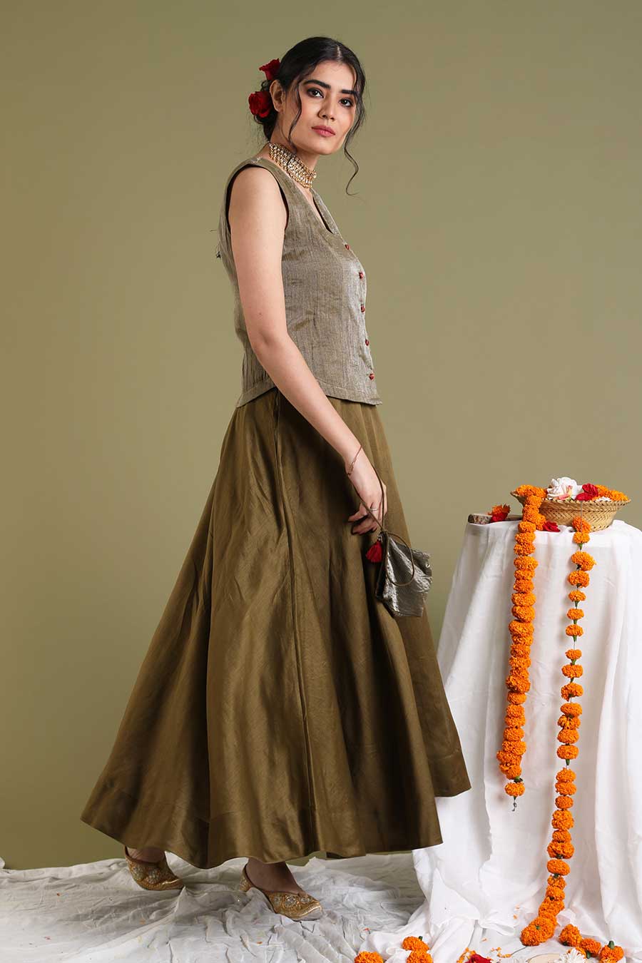 Tabacco Brown Top With Flared Skirt Co-ord Set