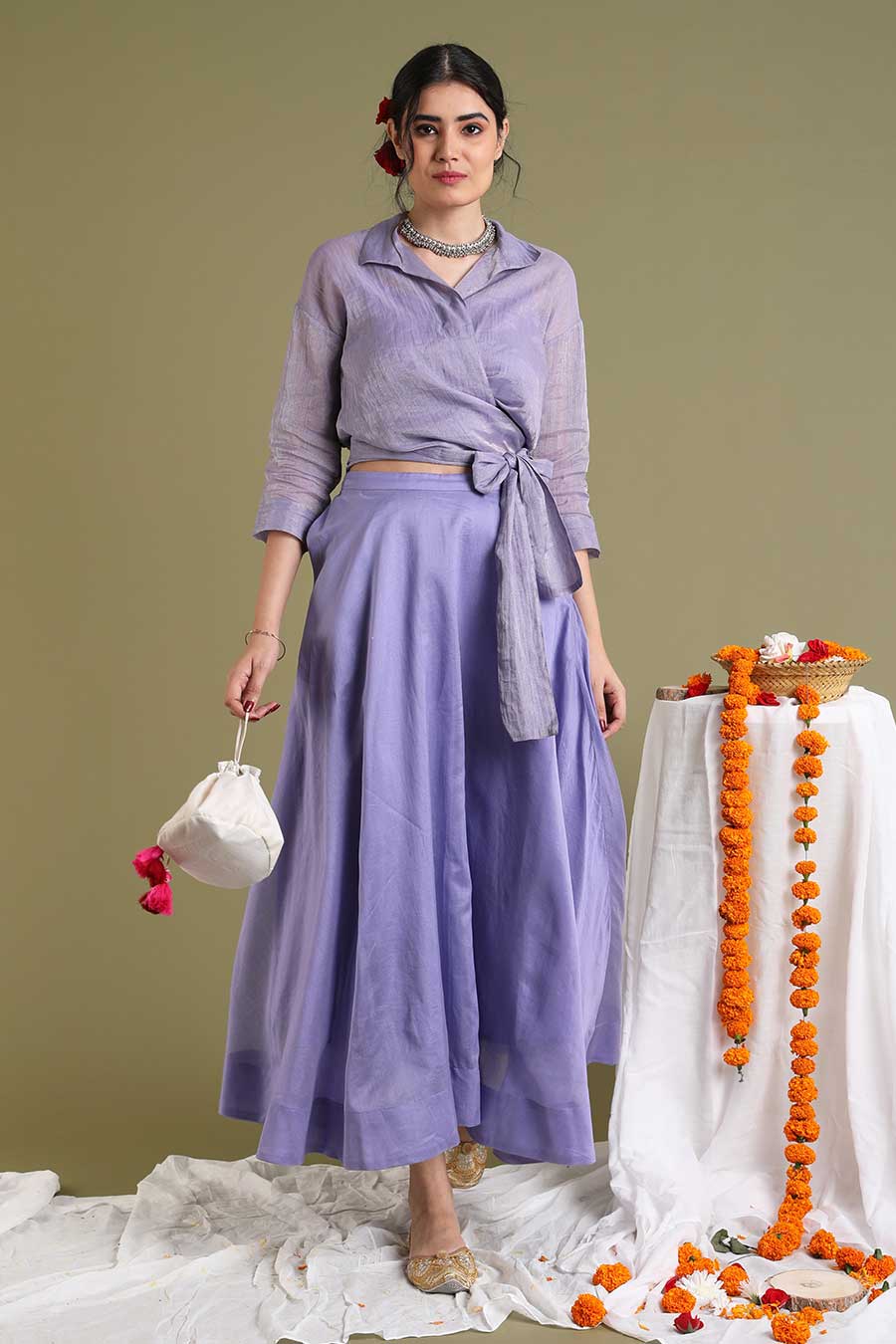 Lavendar Wrap Top With Flared Skirt Co-ord Set