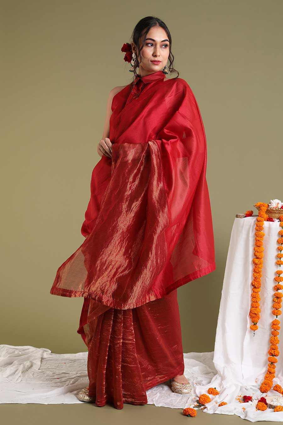 Red Chanderi Handloom Saree With Blouse