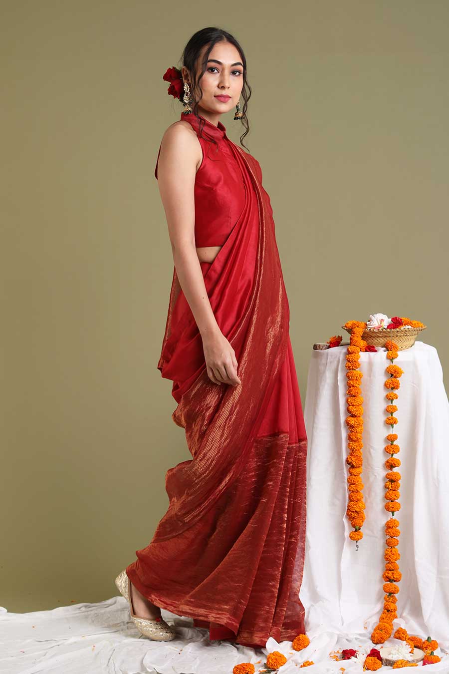 Red Chanderi Handloom Saree With Blouse