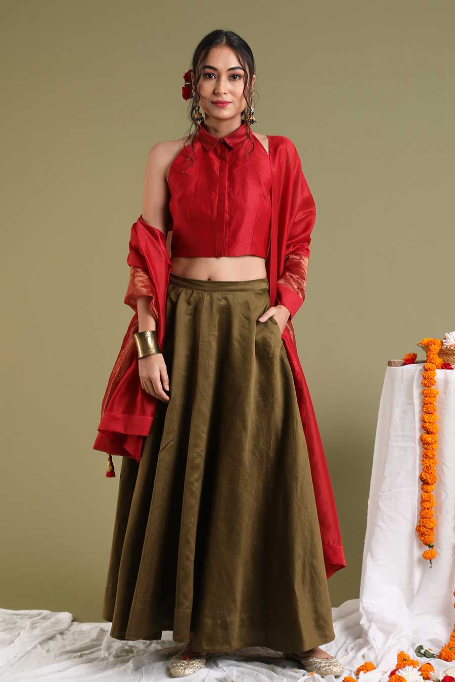 Red Top With Flared Skirt & Dupatta Set