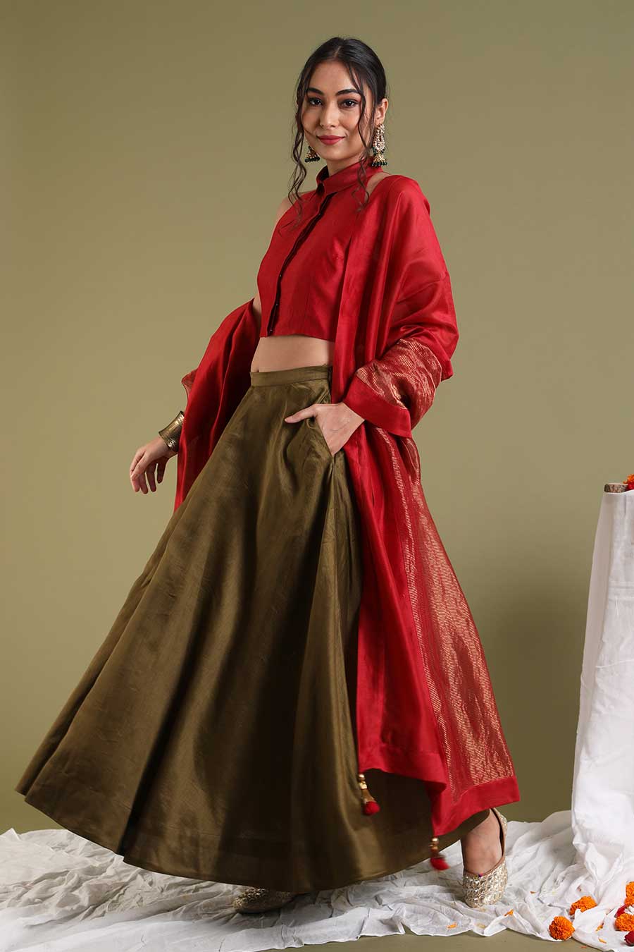 Red Top With Flared Skirt & Dupatta Set