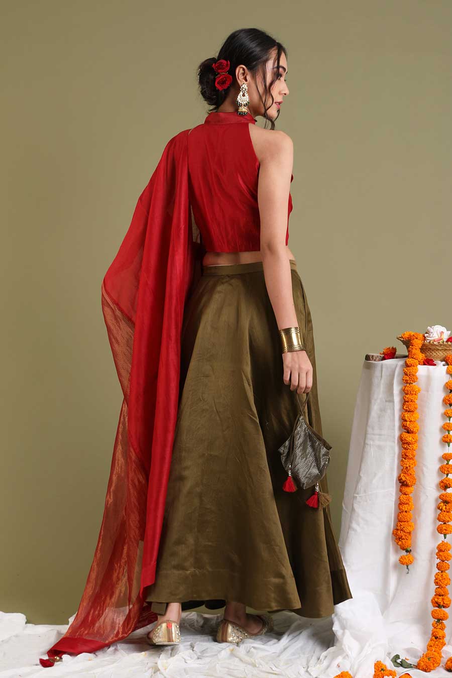 Red Top With Flared Skirt & Dupatta Set