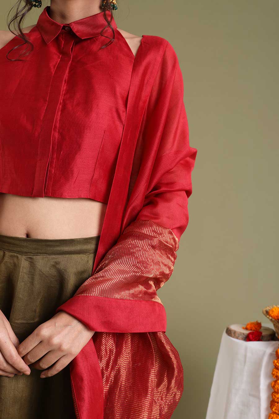 Red Top With Flared Skirt & Dupatta Set