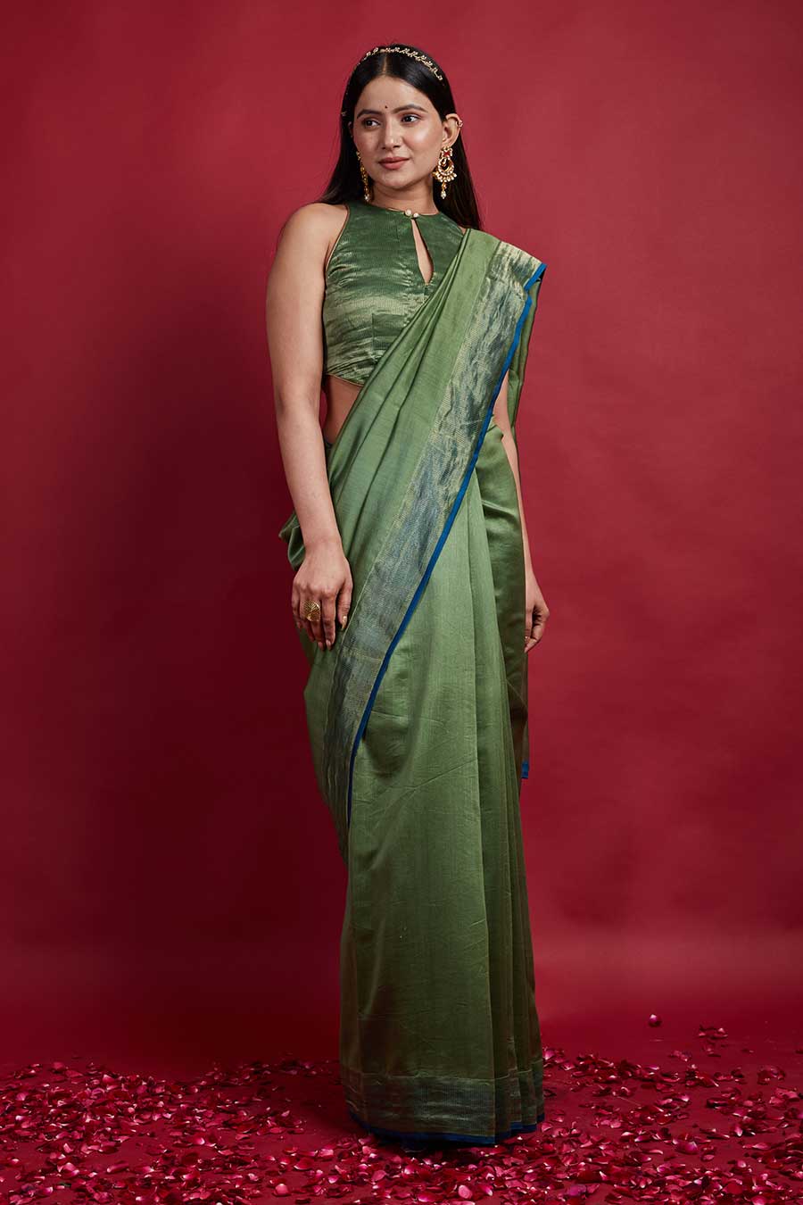 Olive Green & Gold Stripes Saree & Blouse Set