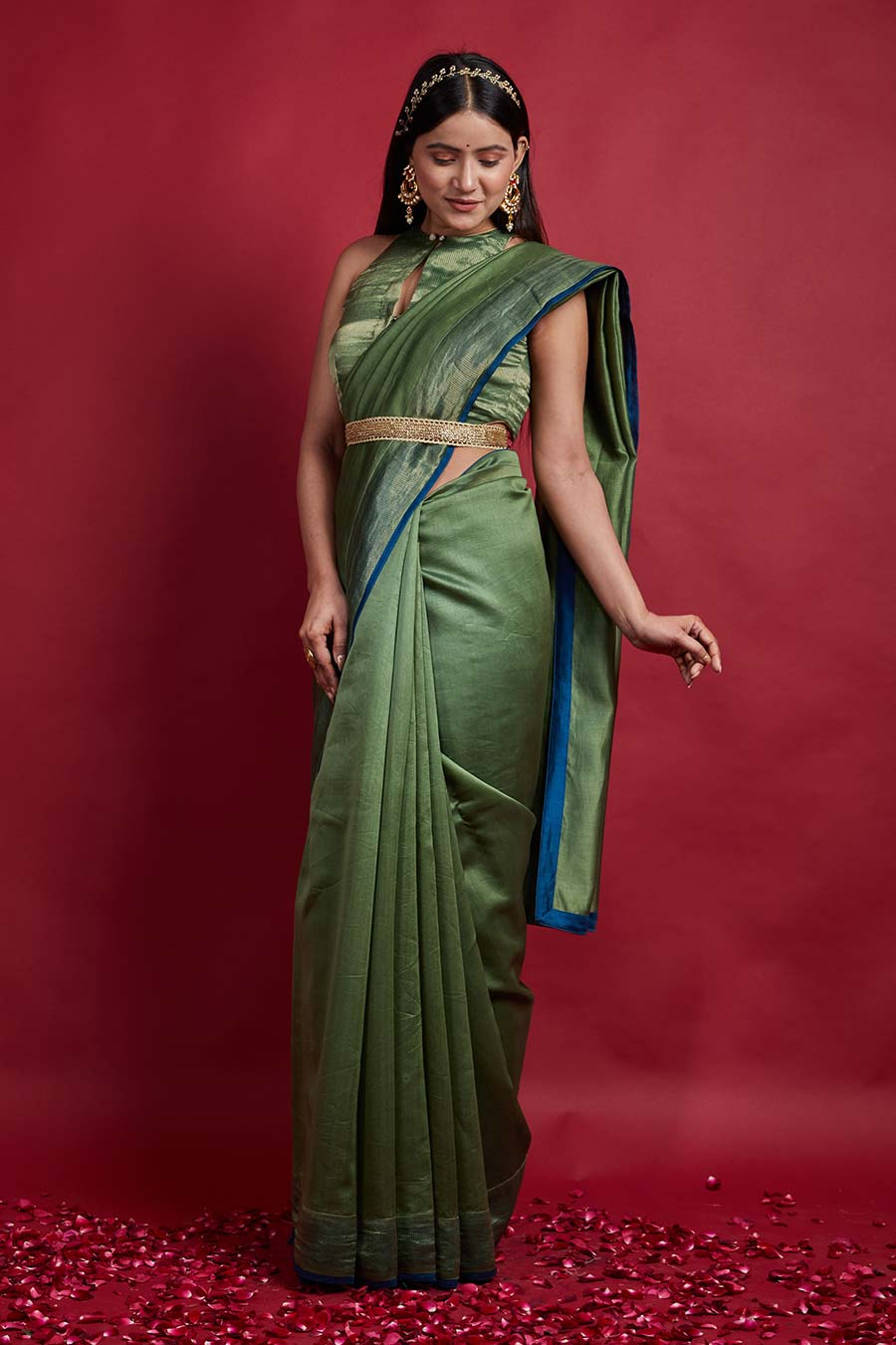 Olive Green & Gold Stripes Saree & Blouse Set