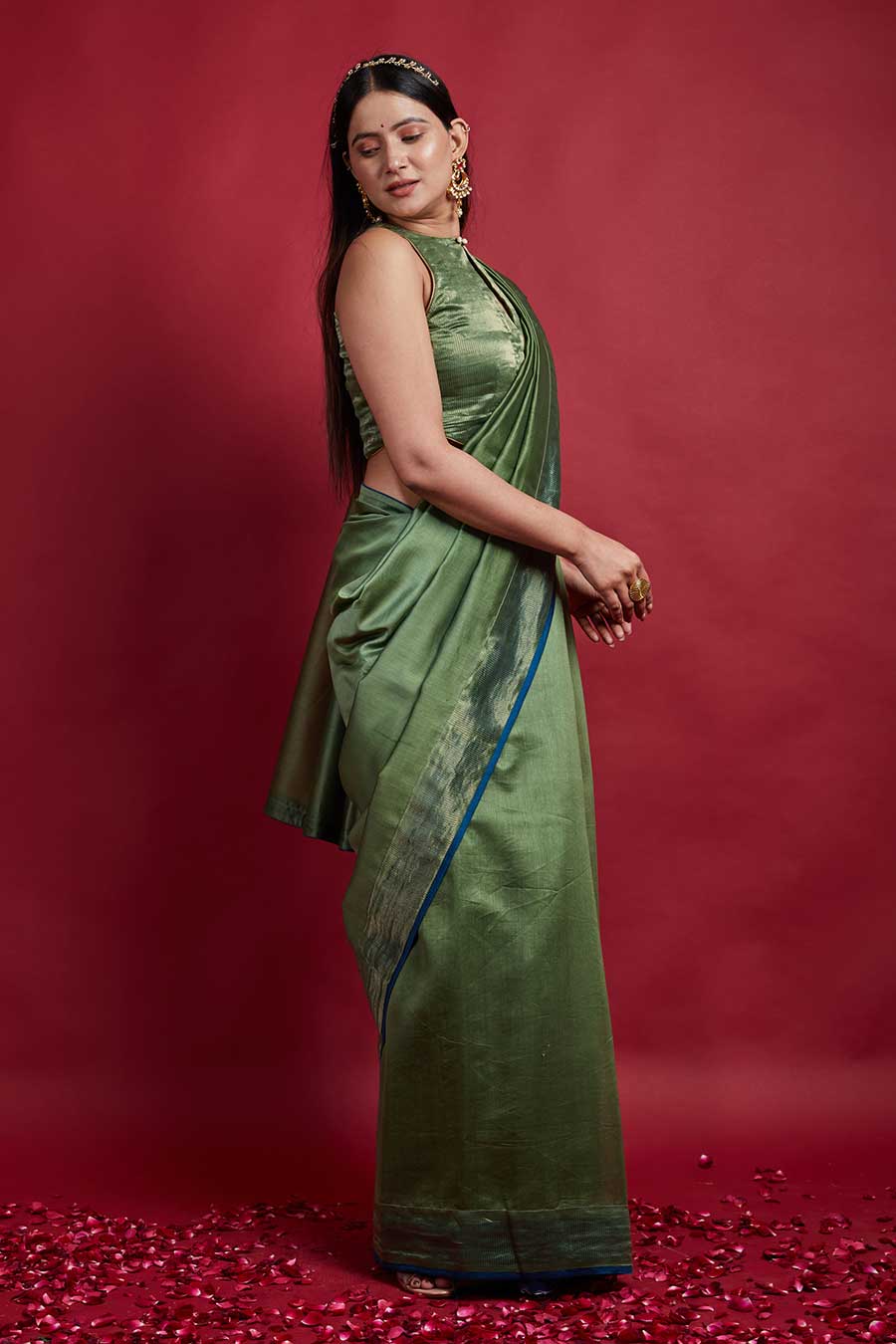 Olive Green & Gold Stripes Saree & Blouse Set