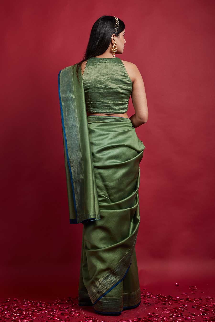 Olive Green & Gold Stripes Saree & Blouse Set