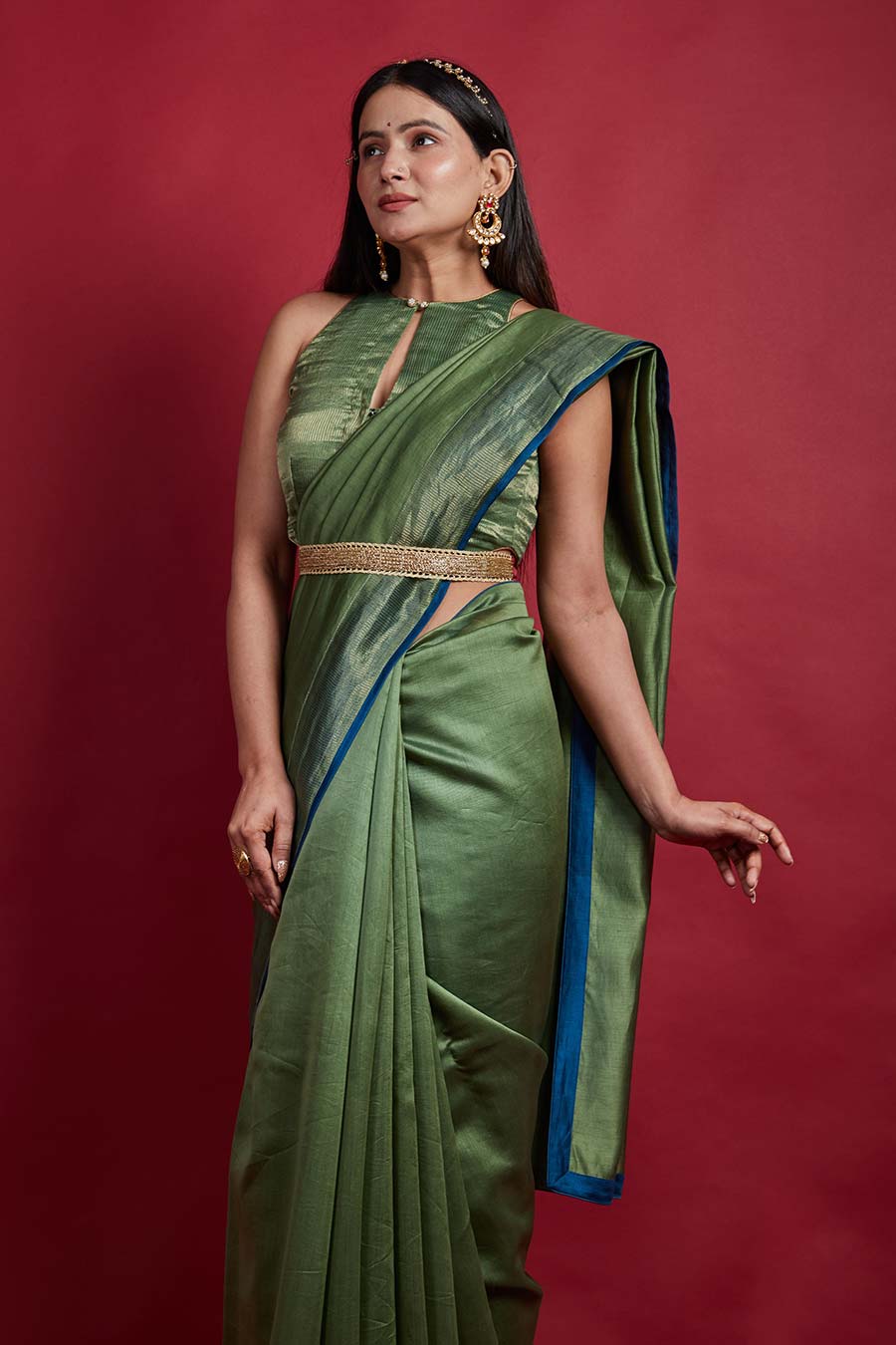 Olive Green & Gold Stripes Saree & Blouse Set