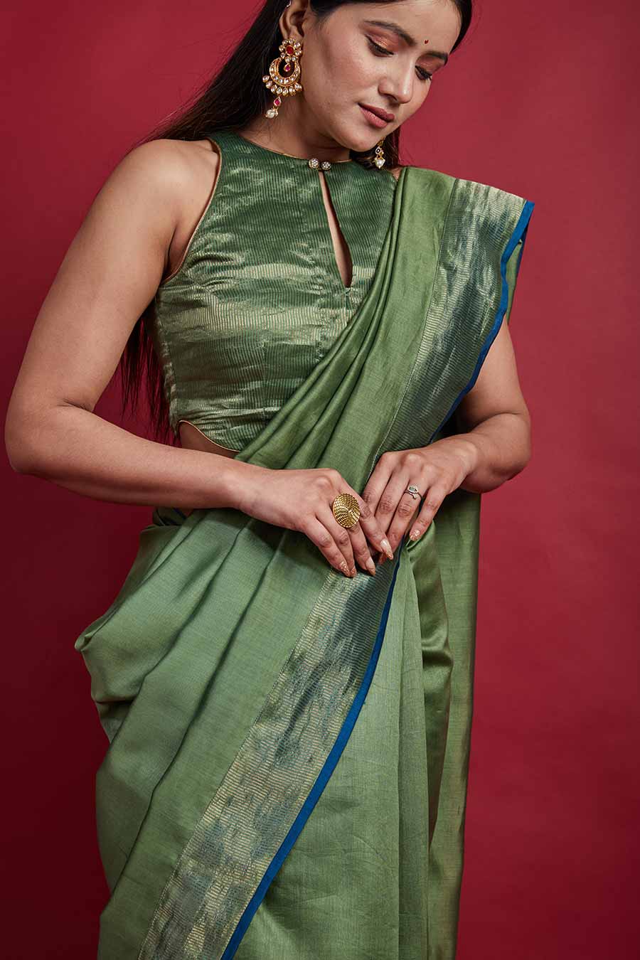 Olive Green & Gold Stripes Saree & Blouse Set