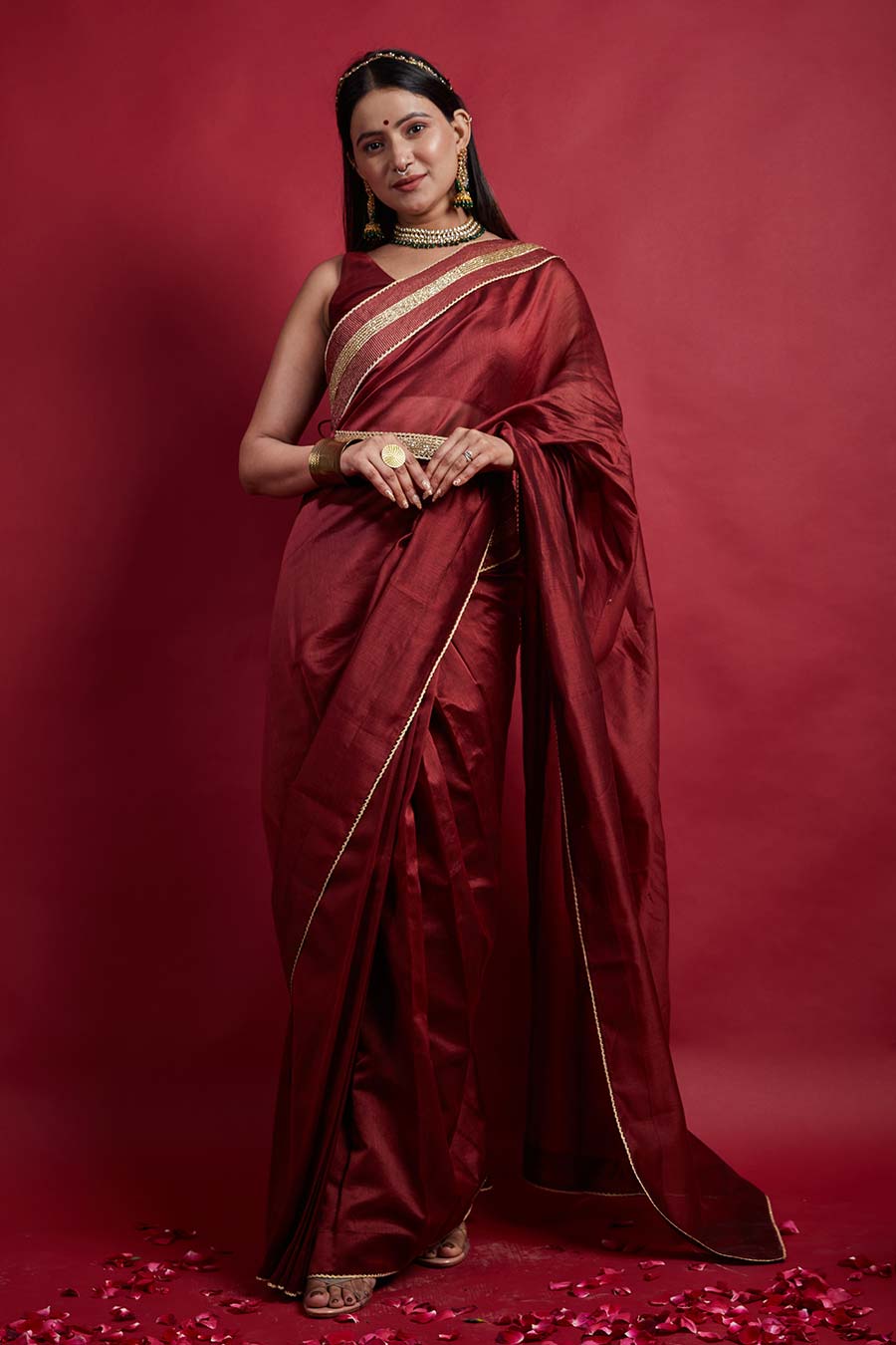 Maroon Pre-stitched Saree & Blouse Set