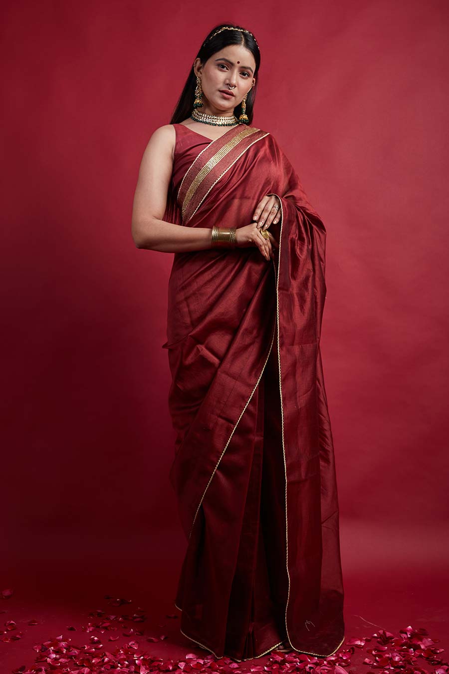 Maroon Pre-stitched Saree & Blouse Set