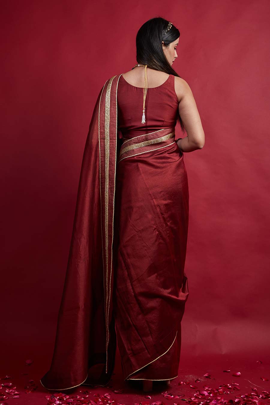 Maroon Pre-stitched Saree & Blouse Set