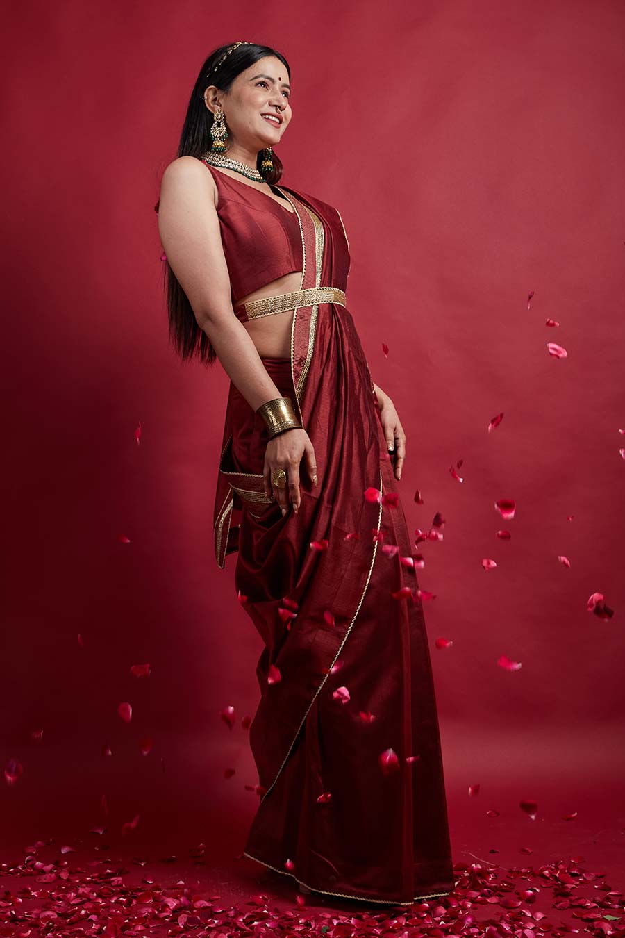 Maroon Pre-stitched Saree & Blouse Set