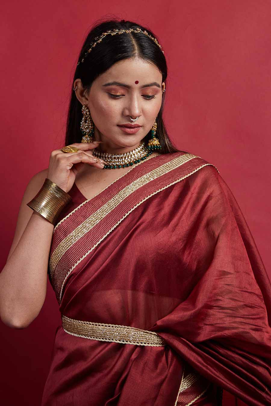 Maroon Pre-stitched Saree & Blouse Set