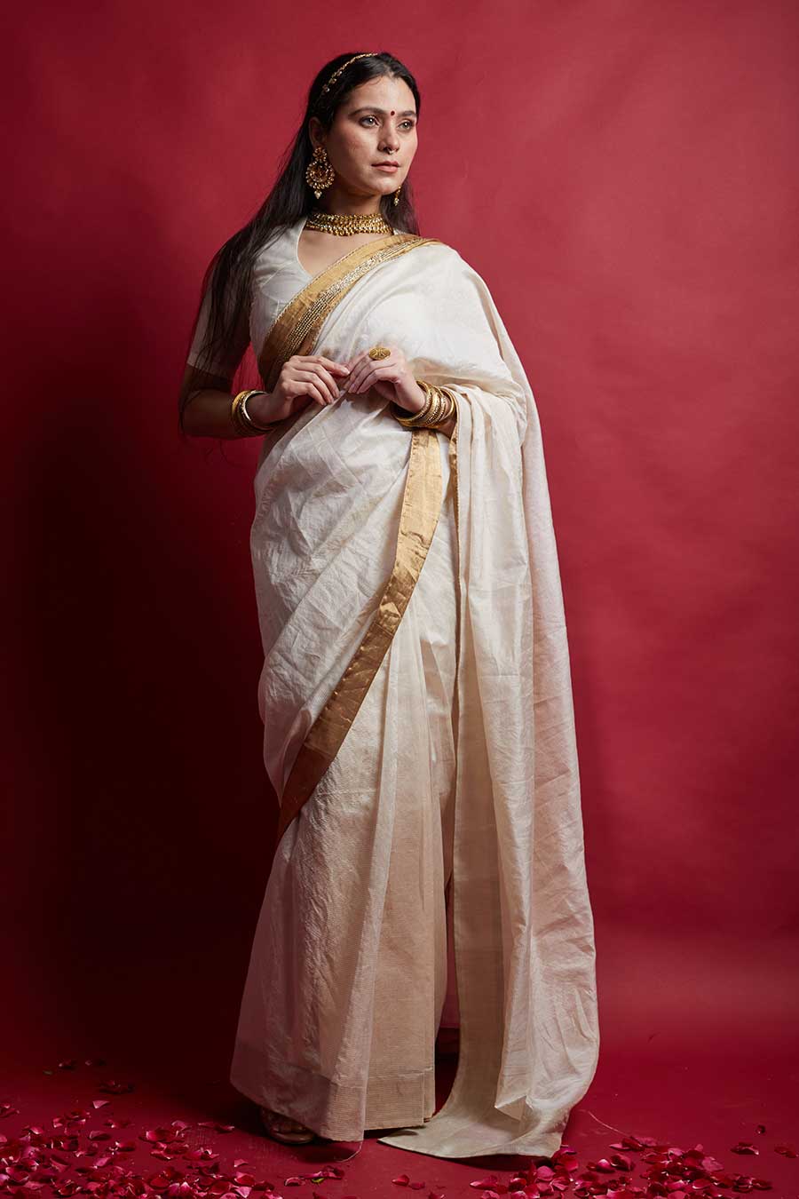 Ivory & Gold Pre-draped Saree & Blouse Set