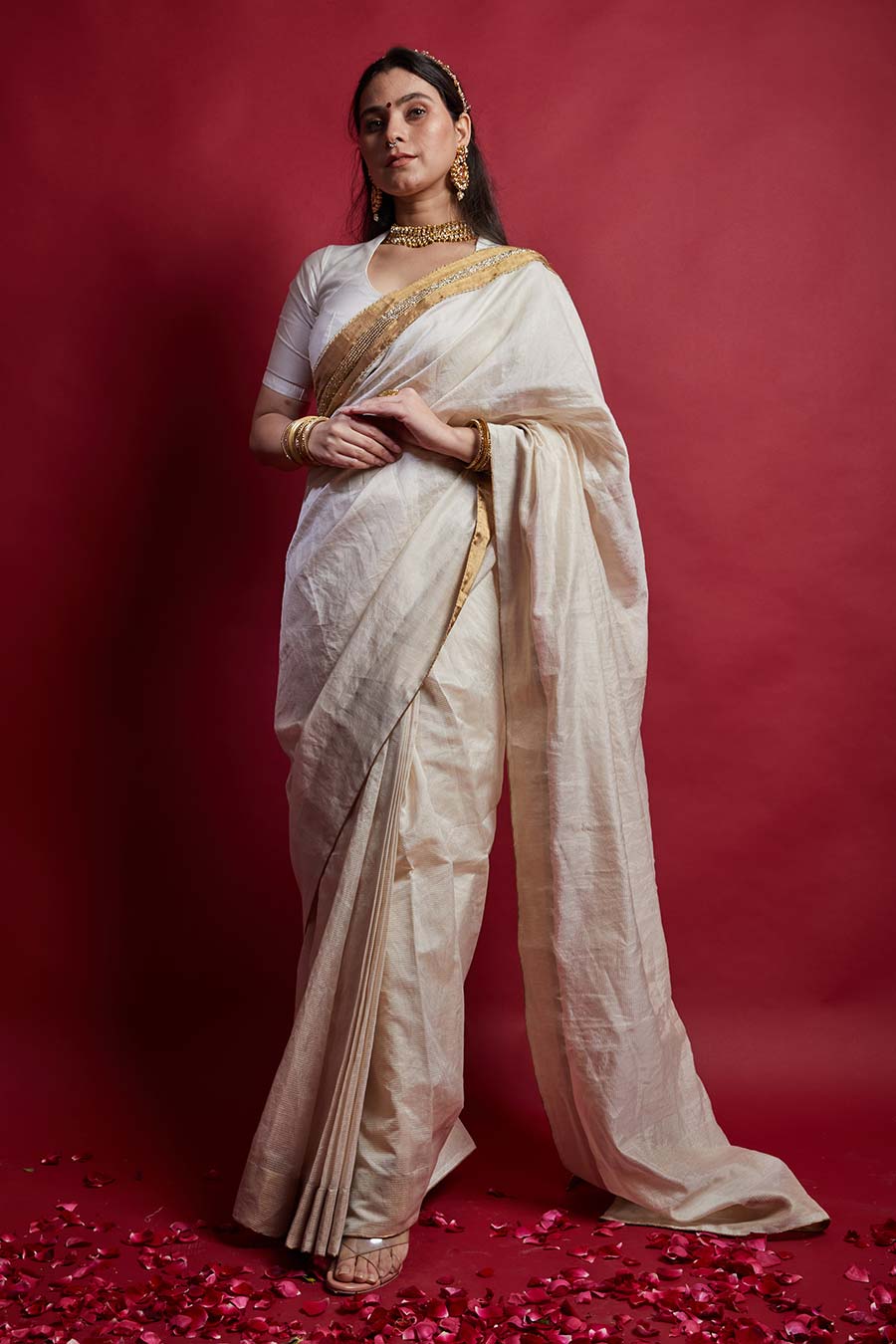 Ivory & Gold Pre-draped Saree & Blouse Set
