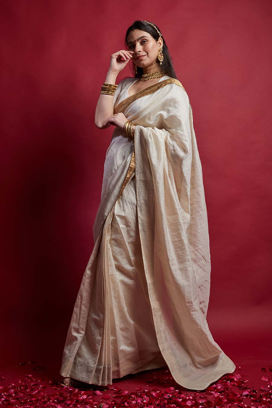 Ivory & Gold Pre-draped Saree & Blouse Set