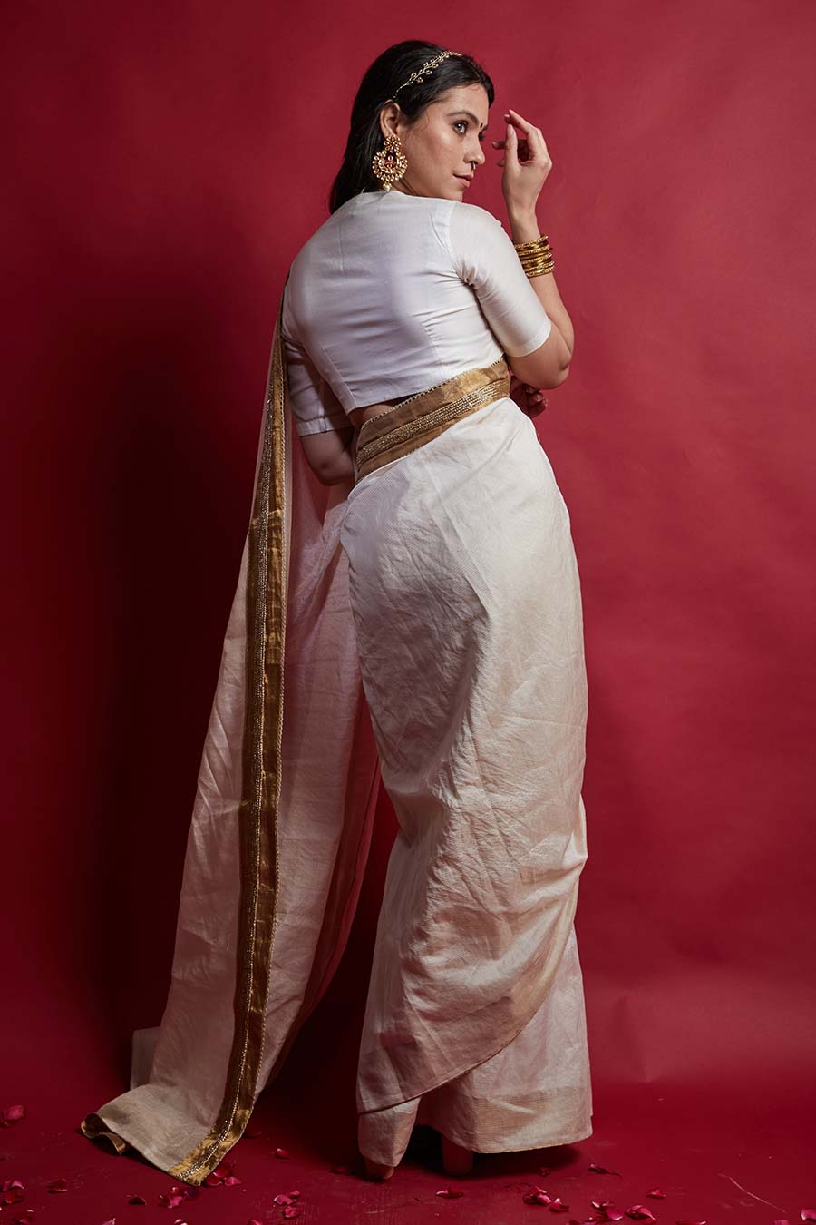 Ivory & Gold Pre-draped Saree & Blouse Set