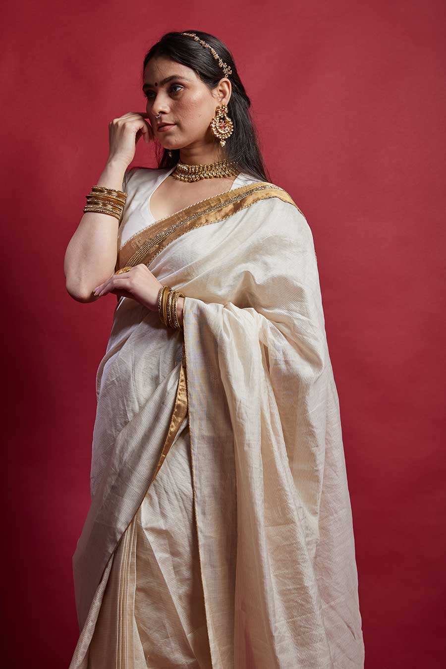 Ivory & Gold Pre-draped Saree & Blouse Set