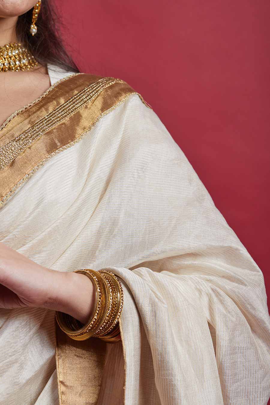 Ivory & Gold Pre-draped Saree & Blouse Set