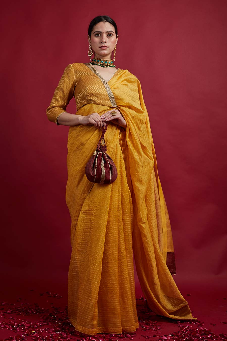 Turmeric Yellow & Gold Stripes Saree with Wrap Blouse Set