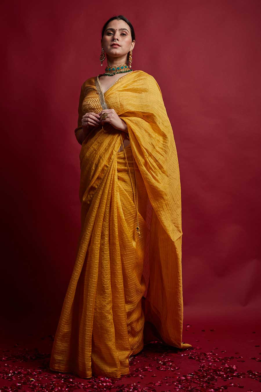 Turmeric Yellow & Gold Stripes Saree with Wrap Blouse Set