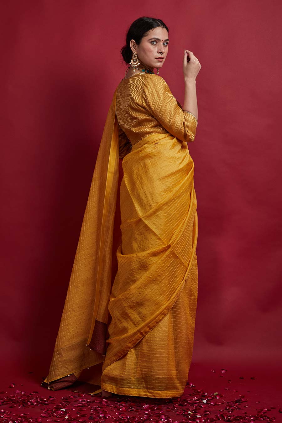 Turmeric Yellow & Gold Stripes Saree with Wrap Blouse Set