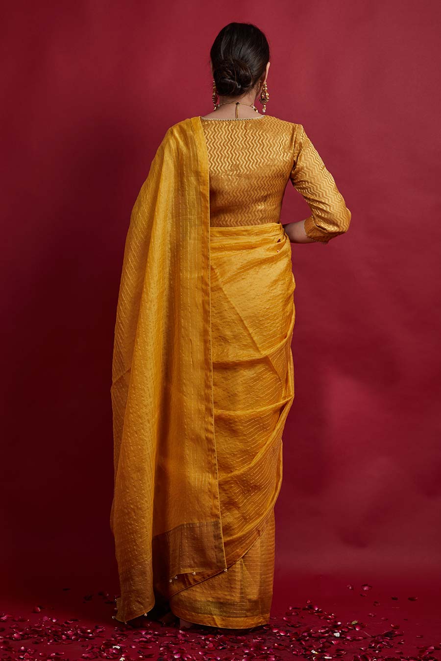 Turmeric Yellow & Gold Stripes Saree with Wrap Blouse Set