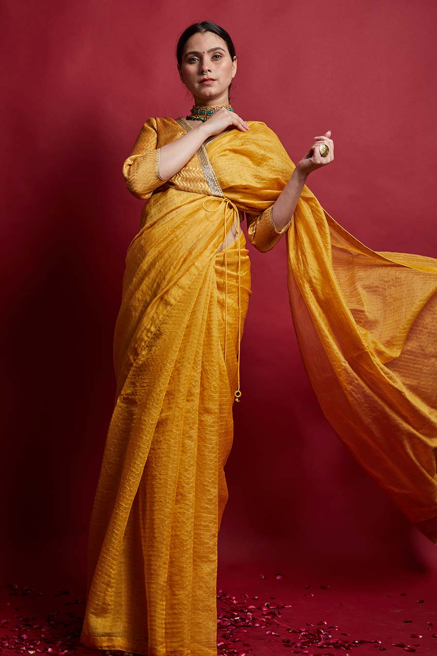 Turmeric Yellow & Gold Stripes Saree with Wrap Blouse Set