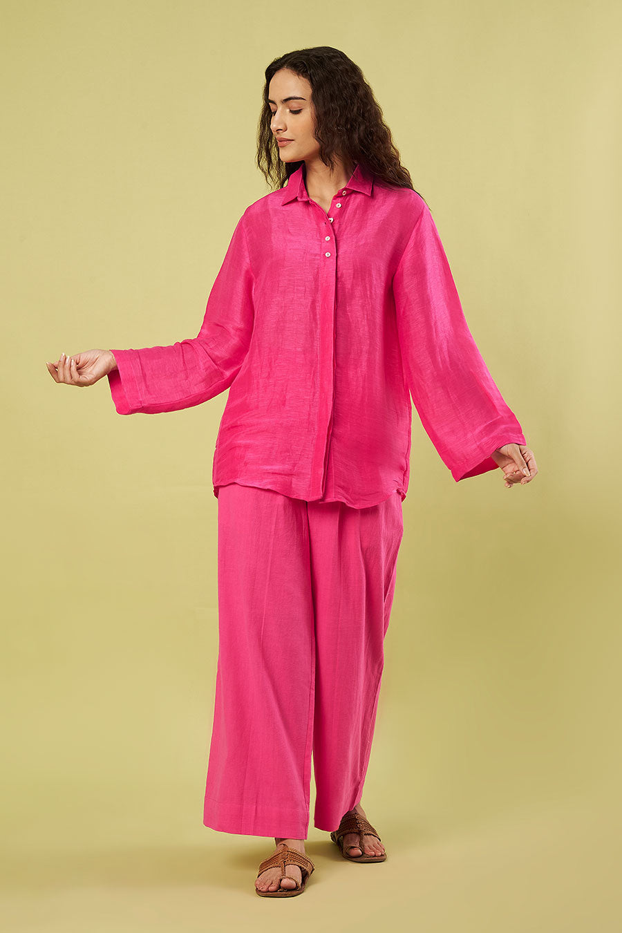 Pink Linen Silk Shirt 7 Khadi Pants Co-Ord Set