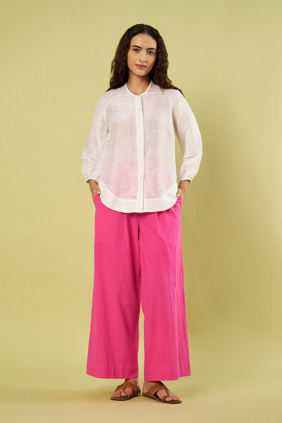 Ivory Linen Silk Shirt & Pink Cotton Pants Co-Ord Set